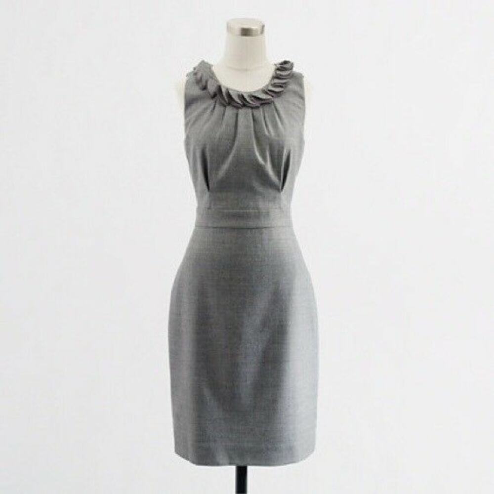 J CREW Gray Wool Stretch Flannel Fitted Sheath Sleeveless Ruffle Detail Dress 2